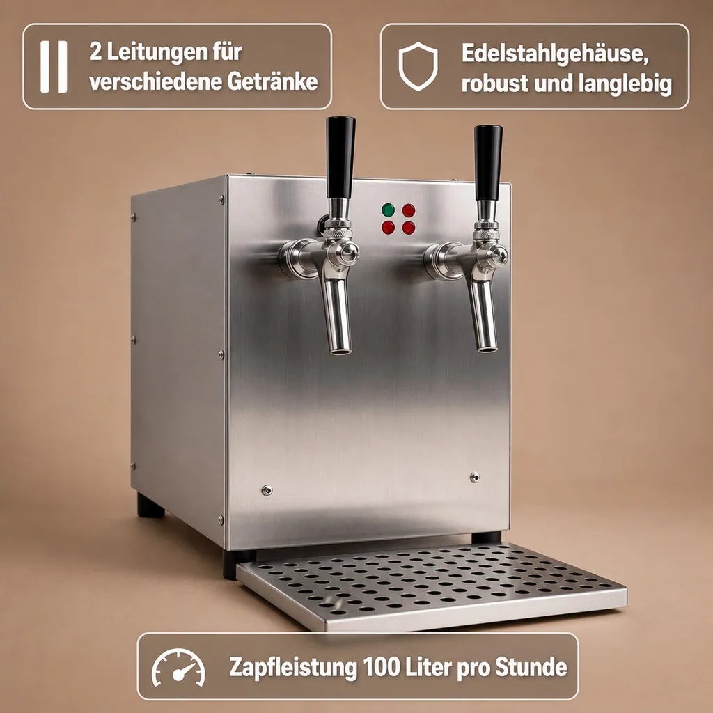 Glühweinzapfanlage, Getränke-Durchlauferhitzer, 9kW, mit elektrischer Pumpe, 2-leitig, Edelstahl-Gehäuse