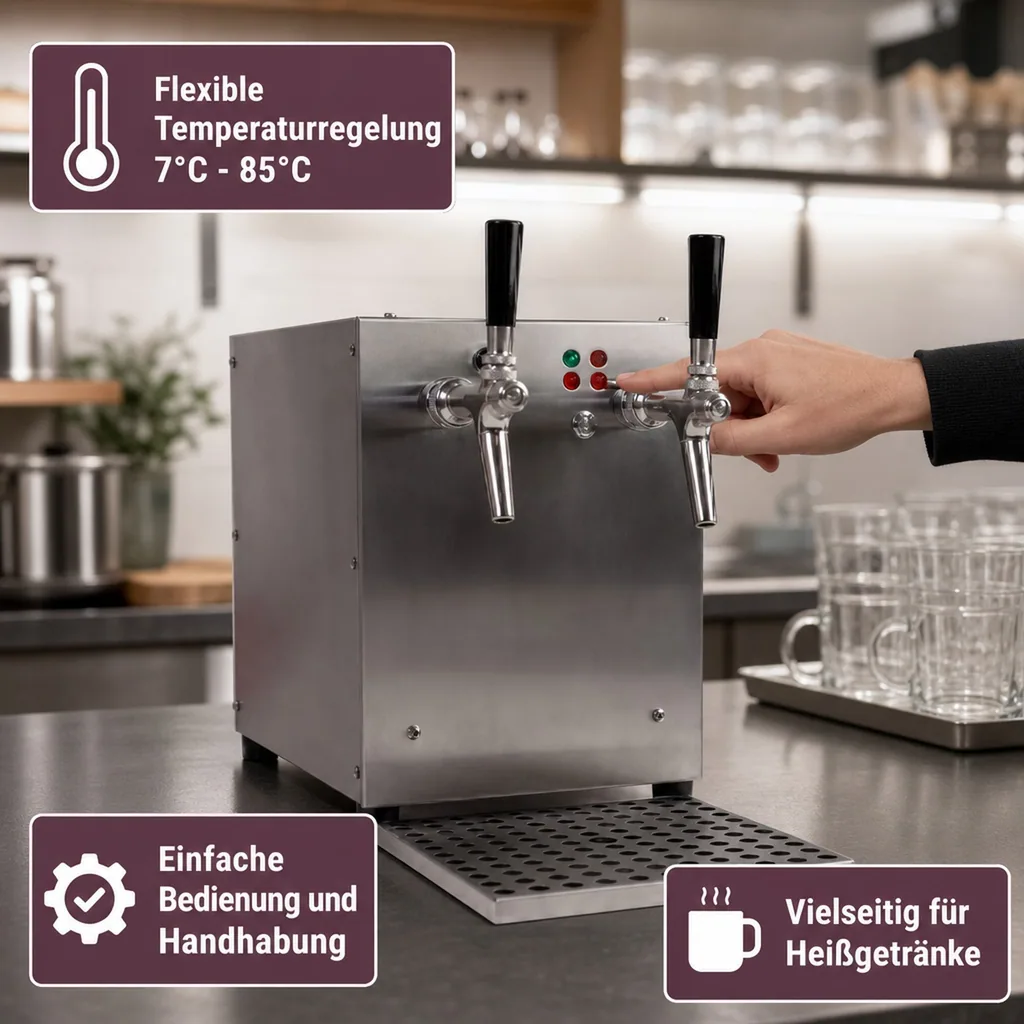 Glühweinzapfanlage, Getränke-Durchlauferhitzer, 9kW, mit elektrischer Pumpe, 2-leitig, Edelstahl-Gehäuse