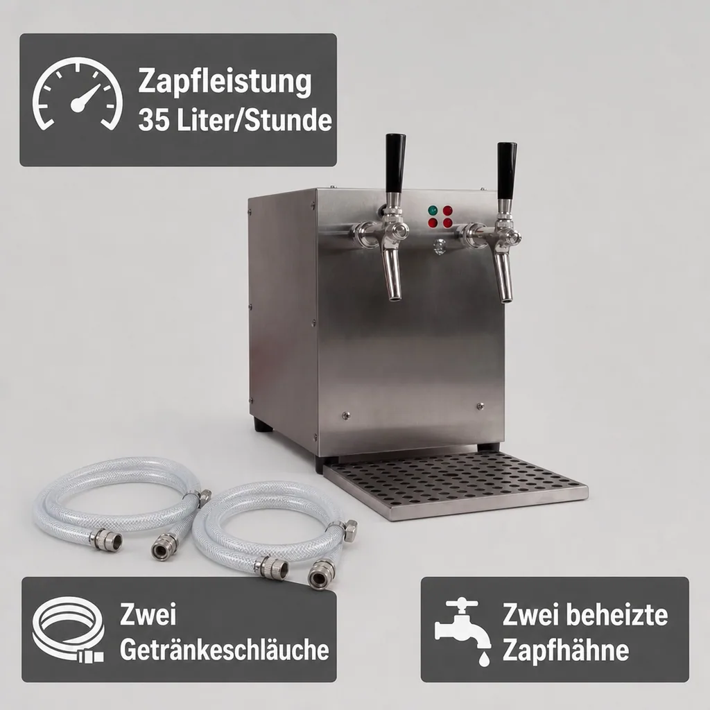 Glühweinzapfanlage, Getränke-Durchlauferhitzer, 3kW, 2-leitig, mit integriertem Luftkompressor, Edelstahl-Gehäuse