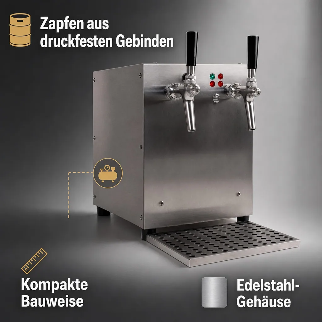 Glühweinzapfanlage, Getränke-Durchlauferhitzer, 3kW, 2-leitig, mit integriertem Luftkompressor, Edelstahl-Gehäuse