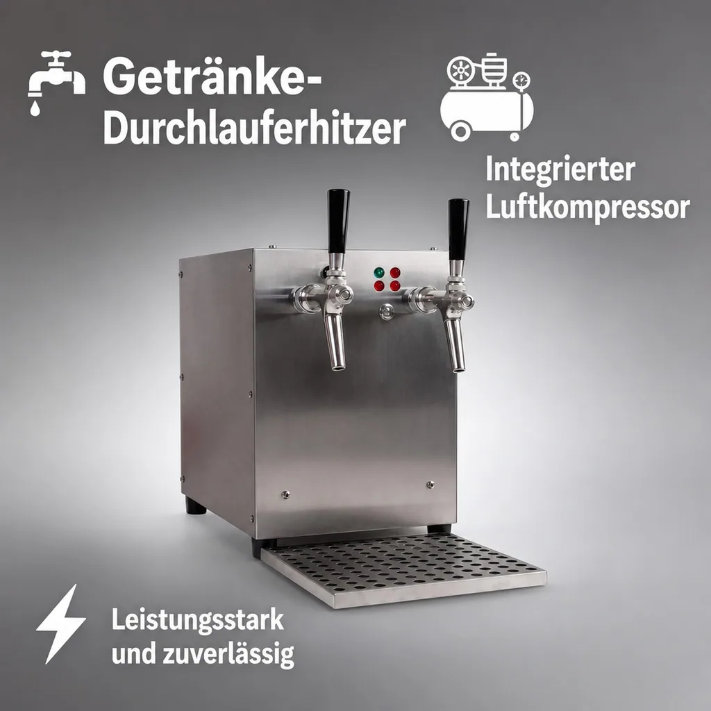 Glühweinzapfanlage, Getränke-Durchlauferhitzer, 3kW, 2-leitig, mit integriertem Luftkompressor, Edelstahl-Gehäuse