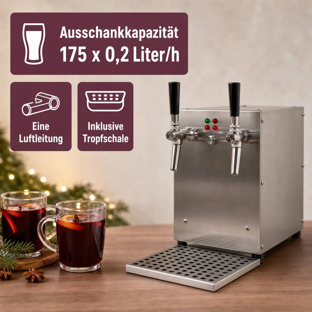 Glühweinzapfanlage, Getränke-Durchlauferhitzer, 3kW, 2-leitig, mit integriertem Luftkompressor, Edelstahl-Gehäuse