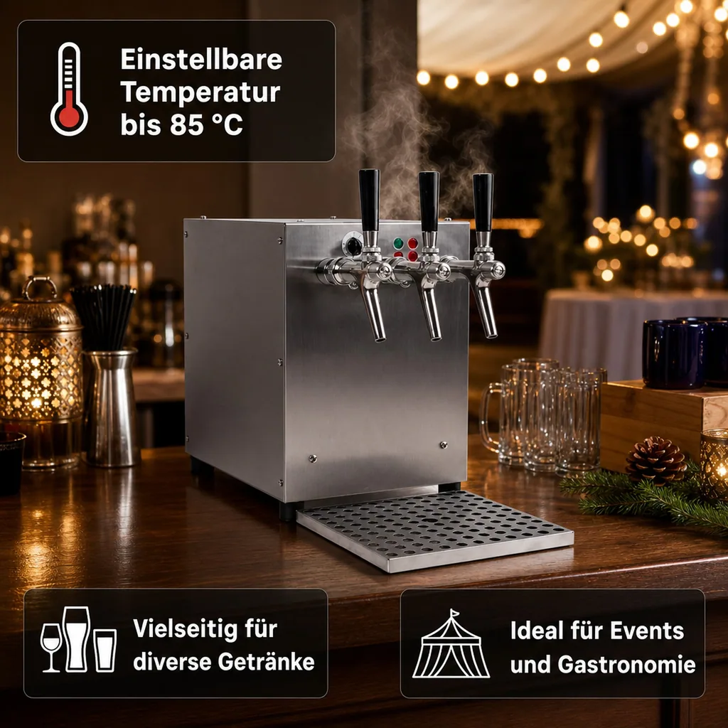 Glühweinzapfanlage, Getränke-Durchlauferhitzer, 3-leitig mit integriertem Luftkompressor, 9kW, Edelstahl-Gehäuse