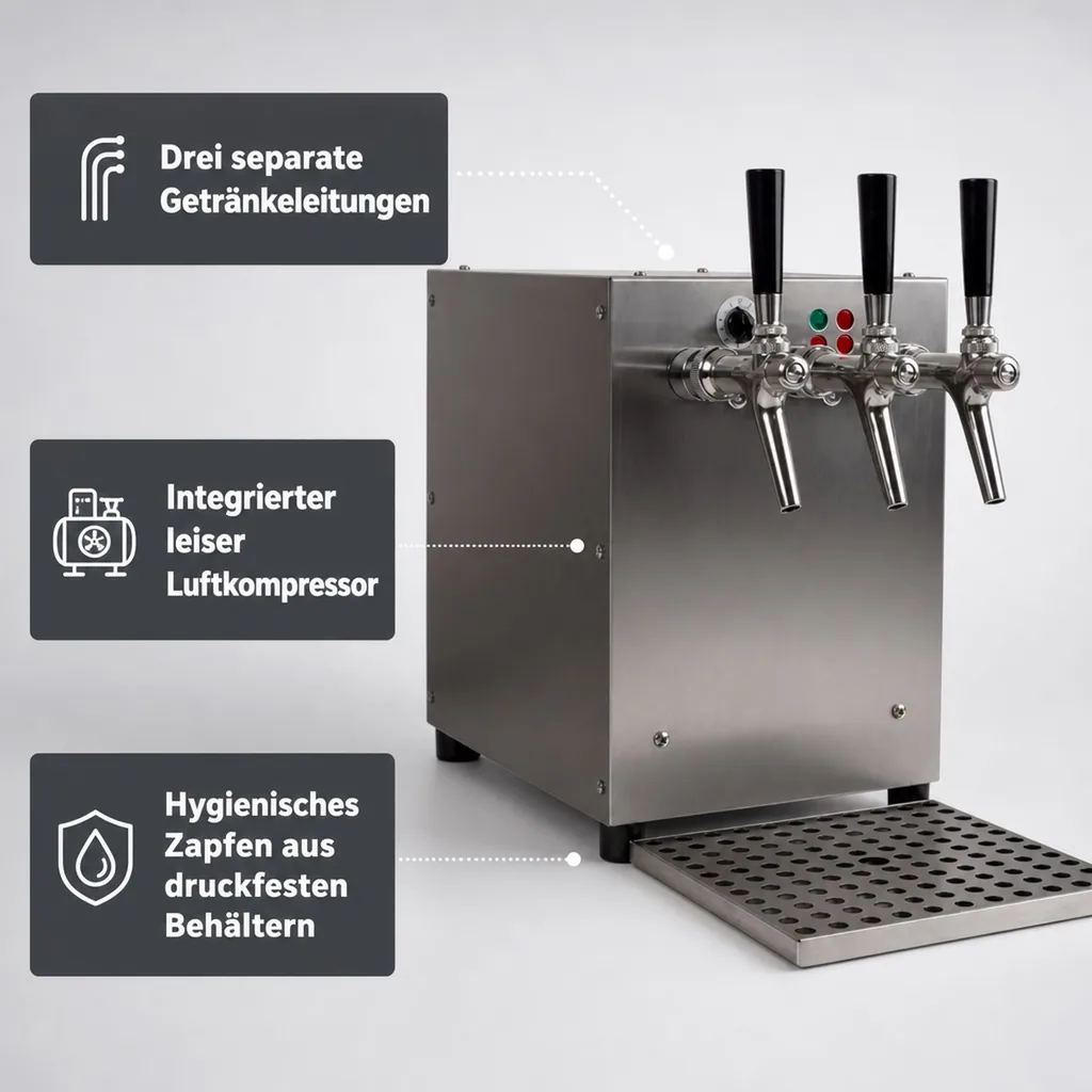 Glühweinzapfanlage, Getränke-Durchlauferhitzer, 3-leitig mit integriertem Luftkompressor, 9kW, Edelstahl-Gehäuse