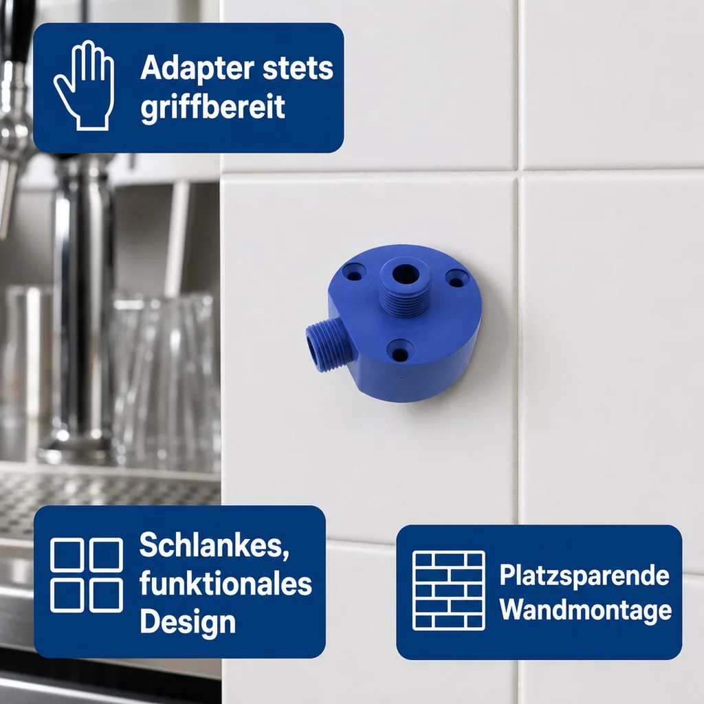 Wandhalter für Zapfkopfreinigungsadapter (1 Anschluss), mit seitlichem Wasseranschluss 5/8 Zoll