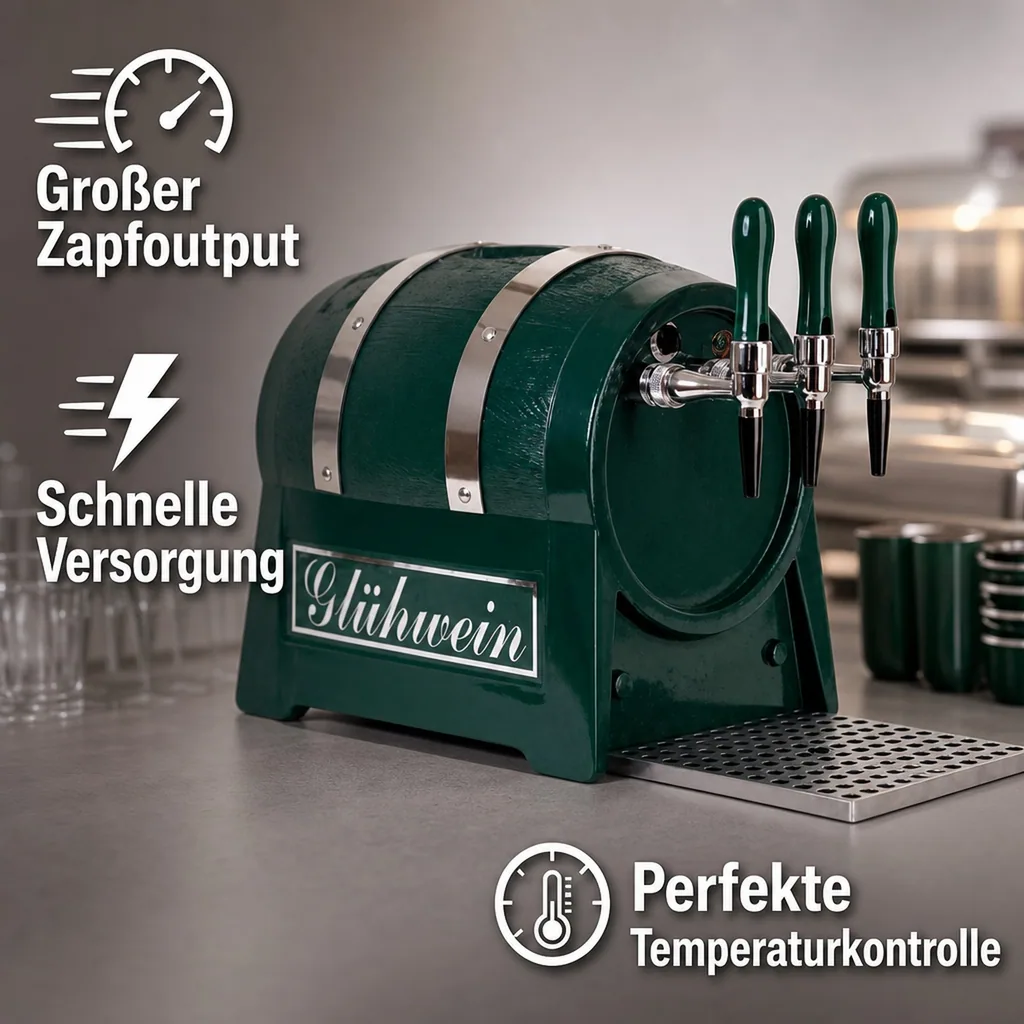 Glühweinzapfanlage, Getränke-Durchlauferhitzer 9kW, Fassform, mit elektrischer Pumpe, 3-leitig