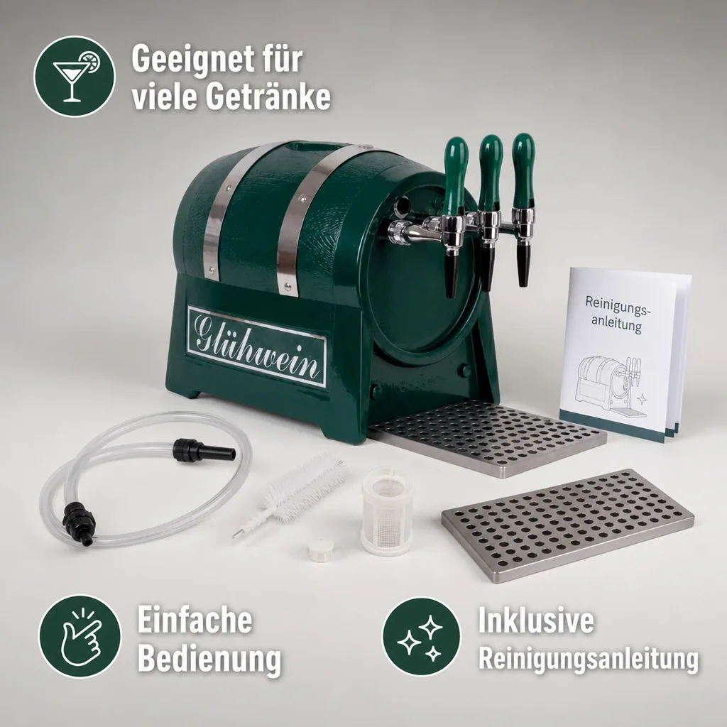 Glühweinzapfanlage, Getränke-Durchlauferhitzer 9kW, Fassform, mit elektrischer Pumpe, 3-leitig