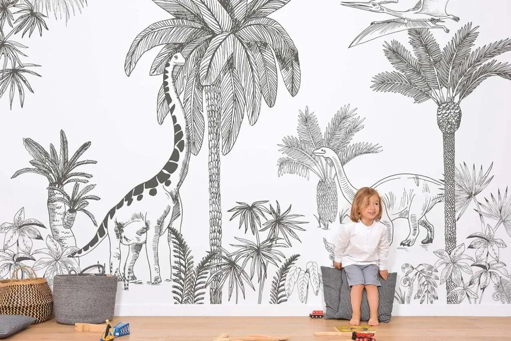Lilipinso Vlies Wandbild Dinosaurier mit Palmen grau