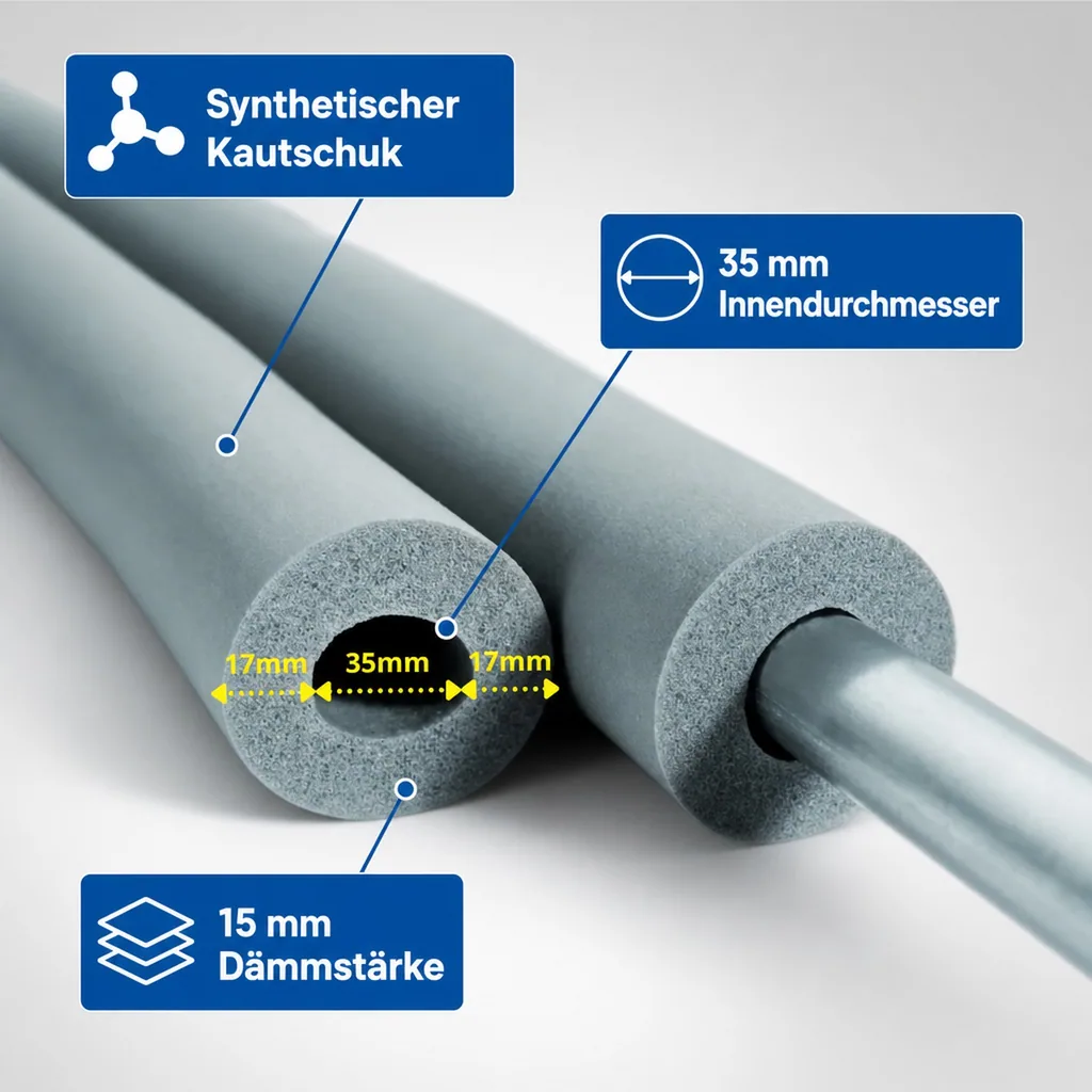 Rohrisolierung Kautschuk, 35 mm, 15 mm, 2 m, Heizungsrohrisolierung, GEG
