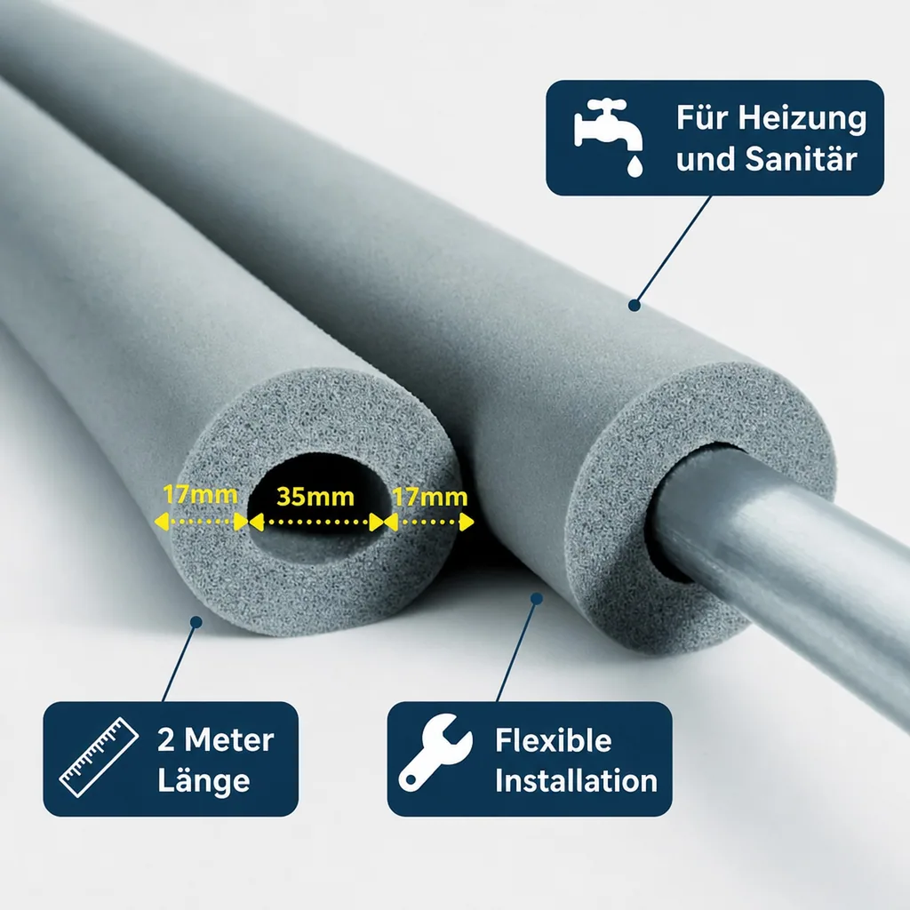 Rohrisolierung Kautschuk, 35 mm, 15 mm, 2 m, Heizungsrohrisolierung, GEG