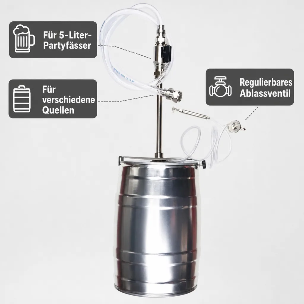 Füllgerät für 5-Liter-Partyfass - Bier umfüllen mit Gegendruck & ohne Kohlensäureverlust