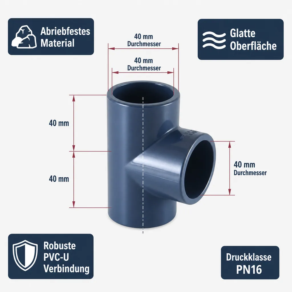 PVC Fittinge, PVC T-Stück 40mm, PVC-U Muffe PN16