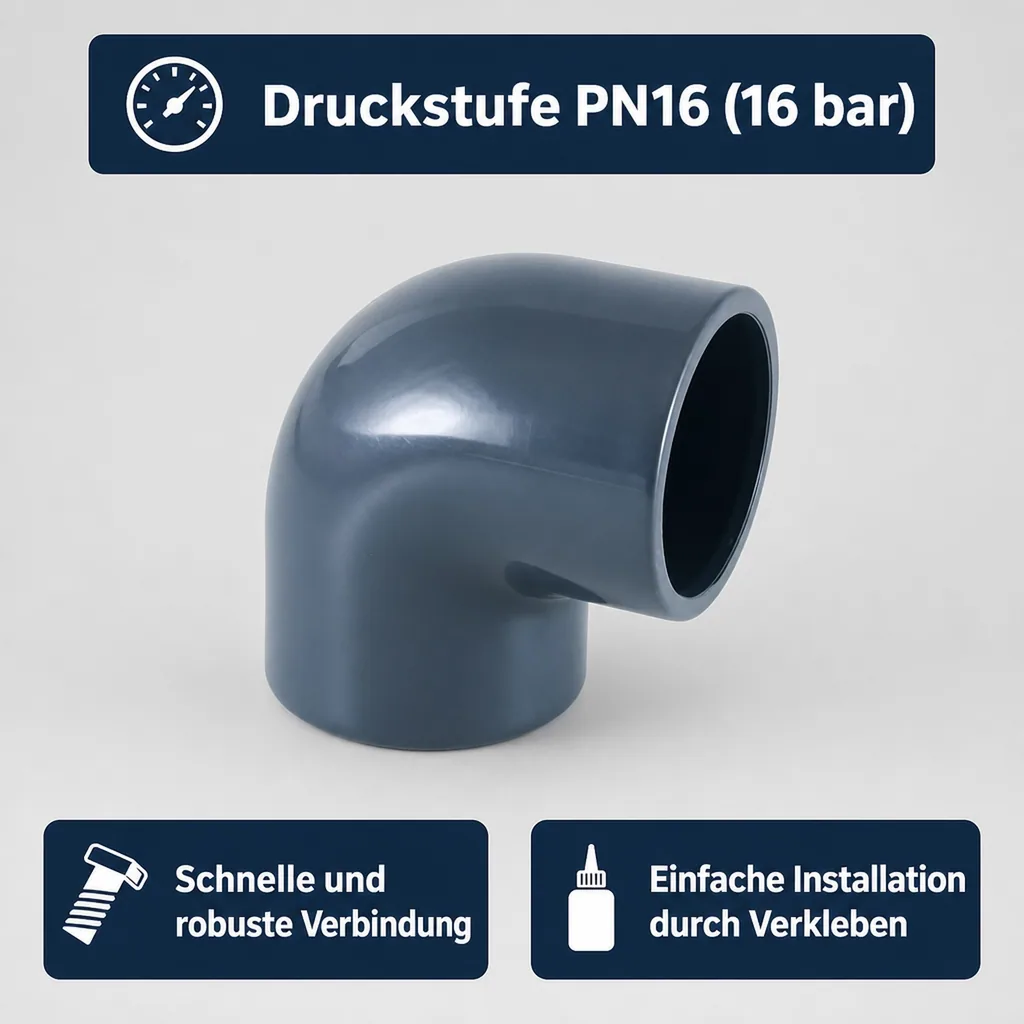 PVC Winkel 50mm, 90 Grad Muffe PN16, Klebefitting