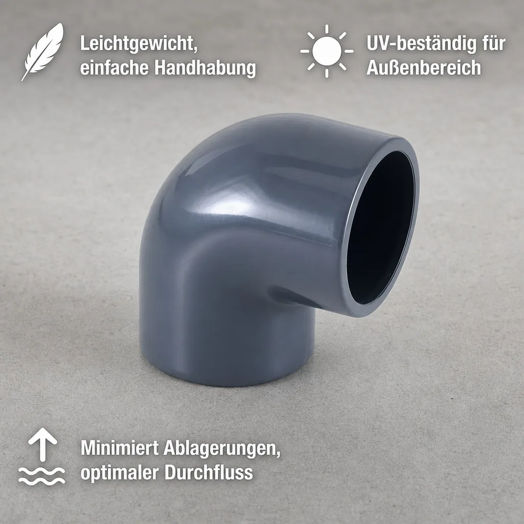 PVC Winkel 50mm, 90 Grad Muffe PN16, Klebefitting