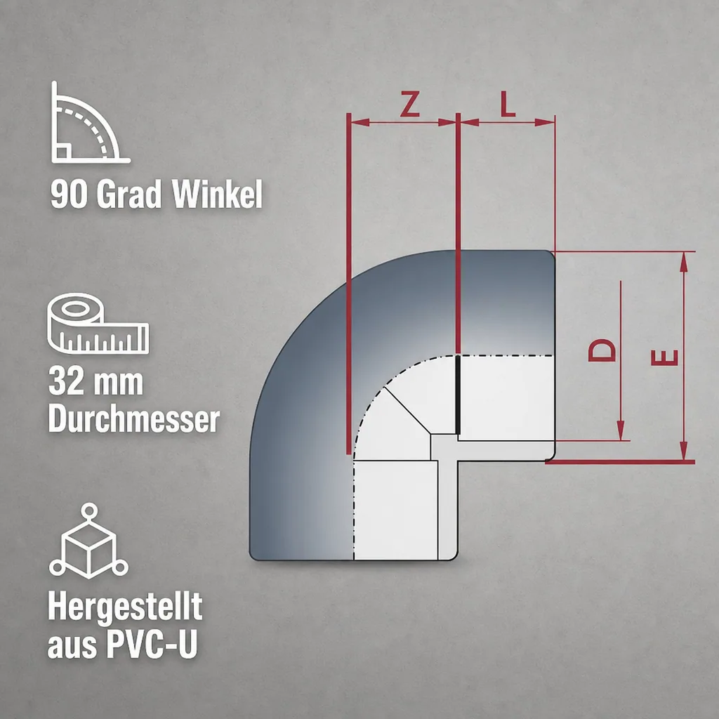 PVC Winkel 90 Grad 32mm, Klebefitting, Rohrverbinder PN16