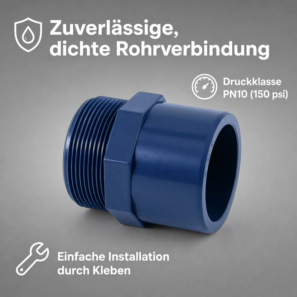 PVC Fitting, PVC Übergangsmuffe 32-25mm, AG 3/4 Zoll, PN10