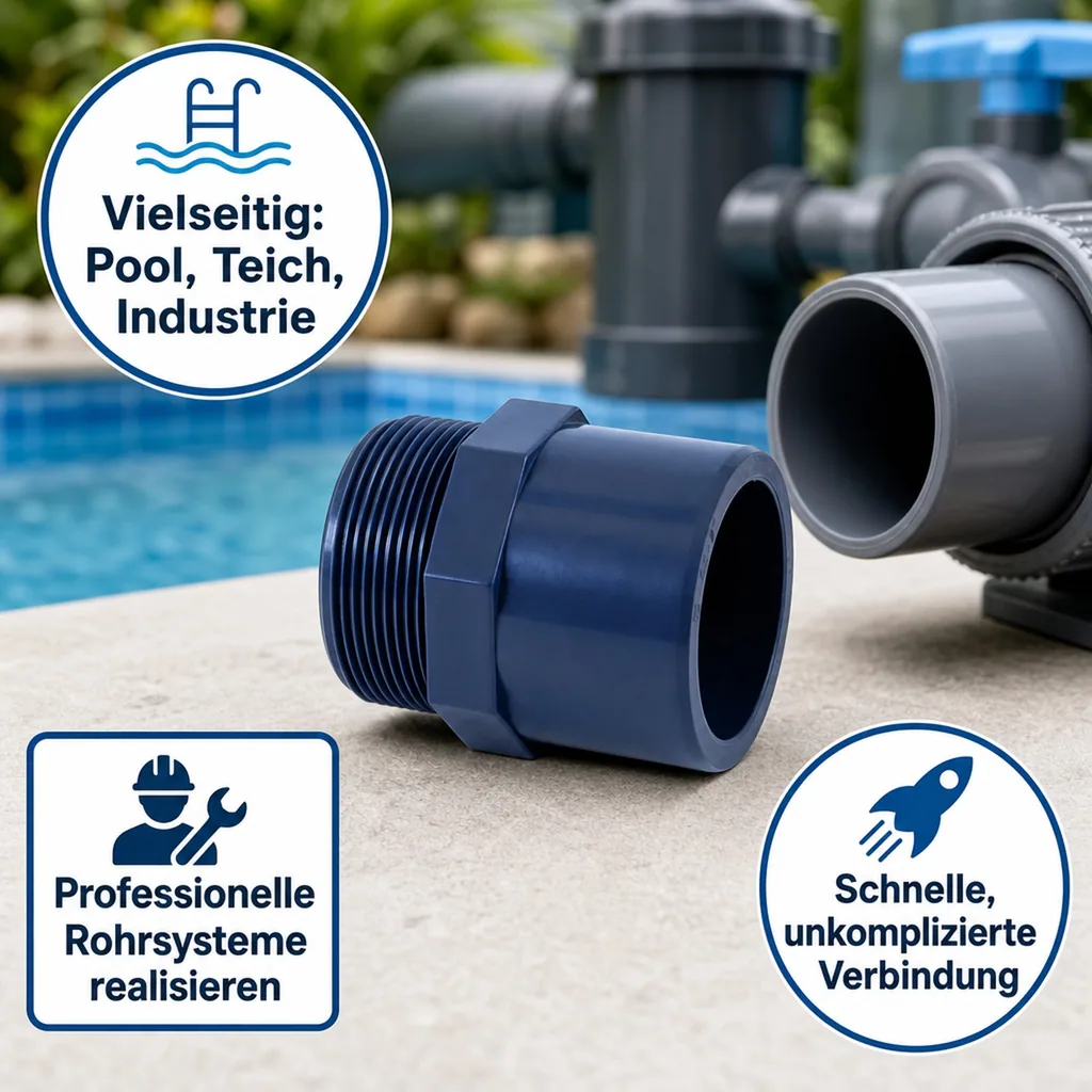 PVC Fitting, PVC Übergangsmuffe 32-25mm, AG 3/4 Zoll, PN10