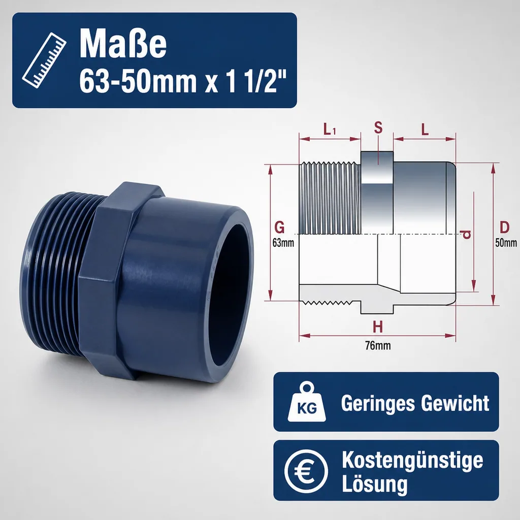 PVC Fittinge, Übergangsmuffe, AG 63-50mm x 1 1/2", PN10, Boni-Shop