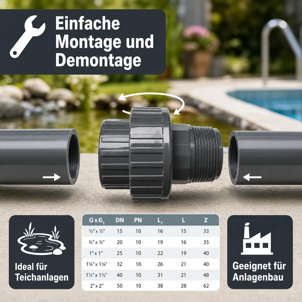 Verschraubung PVC, PVC-U, IG x AG 3/4", Rohrverschraubung
