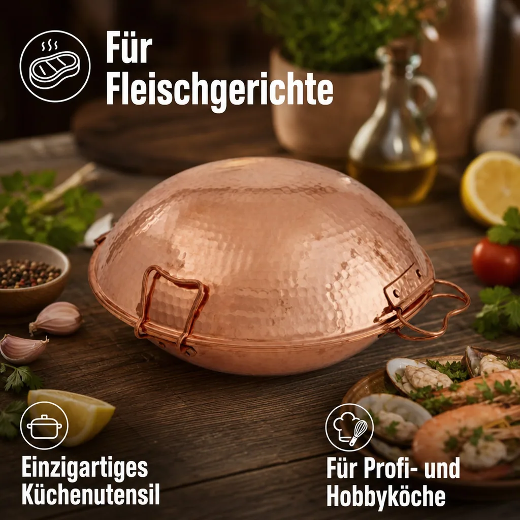 Cataplana - Kupfer, für die Zubereitung von Fisch, Fleisch und Meeresfrüchten, 33cm