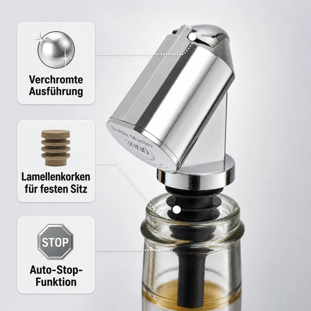 Flaschenportionierer, Ausgießer - Bottle Master 3000, für 0,5 - 1,5 L Flaschen, verchromt, Ausschankmenge: 30 ml