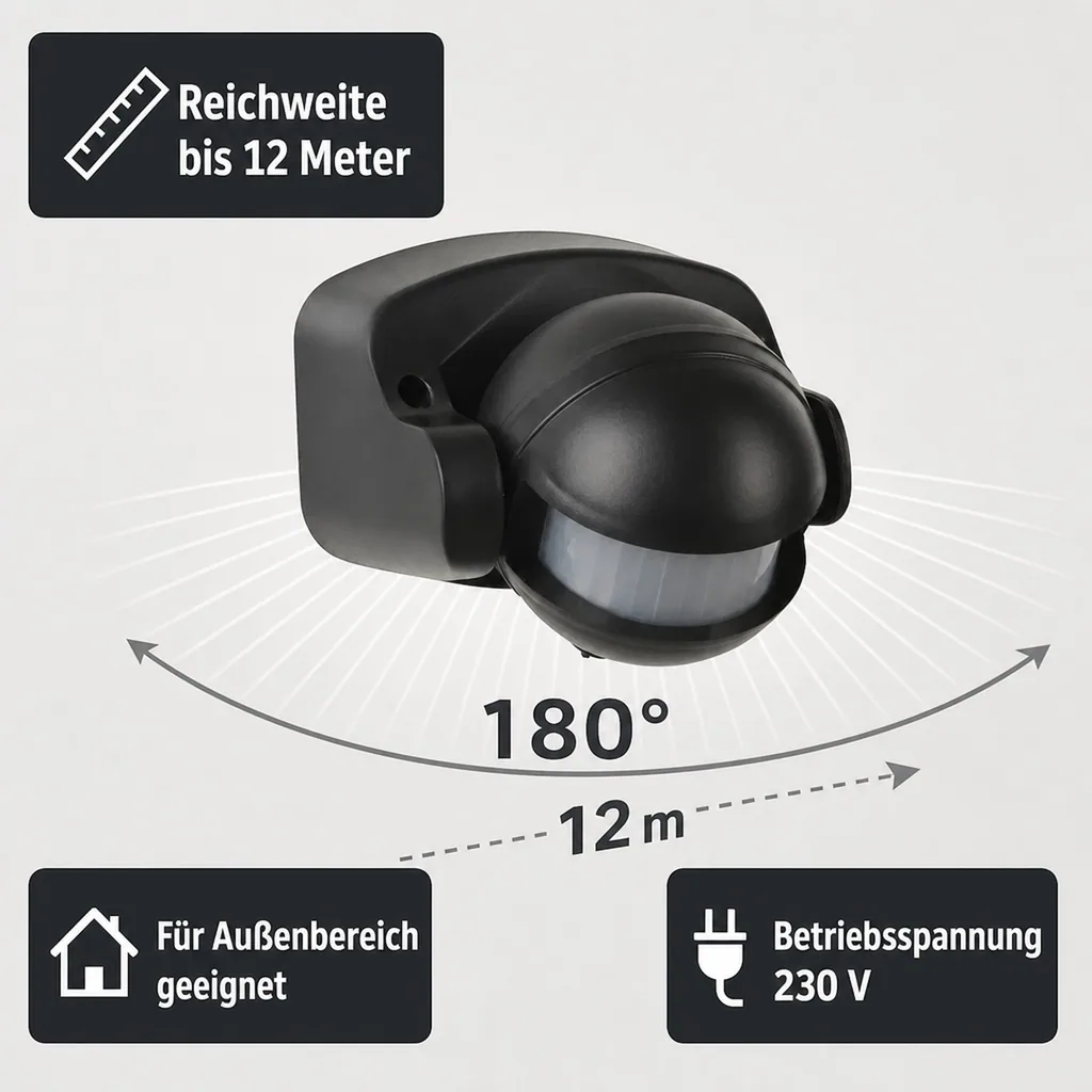 Bewegungsmelder 180° IP44, schwarz, max. 1000 W,  Reichweite max. 12 m