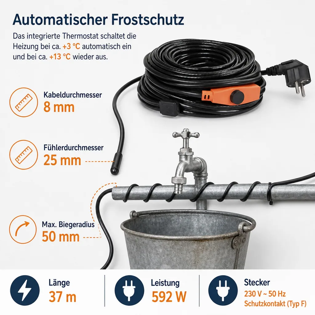 Frostschutz Heizleitung, 37 m, 592 Watt