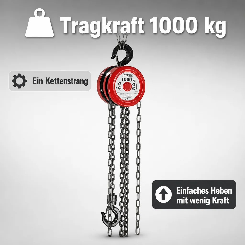 Handkettenzug 1000 kg, 1 Kettenstrang, Hakenöffnung 25 mm