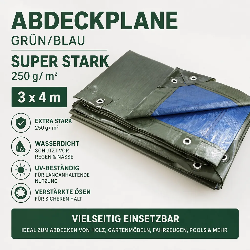 Abdeckplane, grün/blau, super stark 250 g/ m²,3 x 4 m