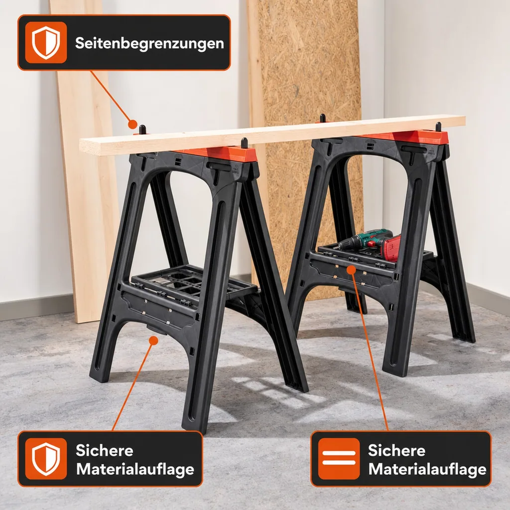 Kunststoff Allzweckbock 2er Set, Tragkraft je Bock 200 kg, orange mit perforierter Ablageplatte