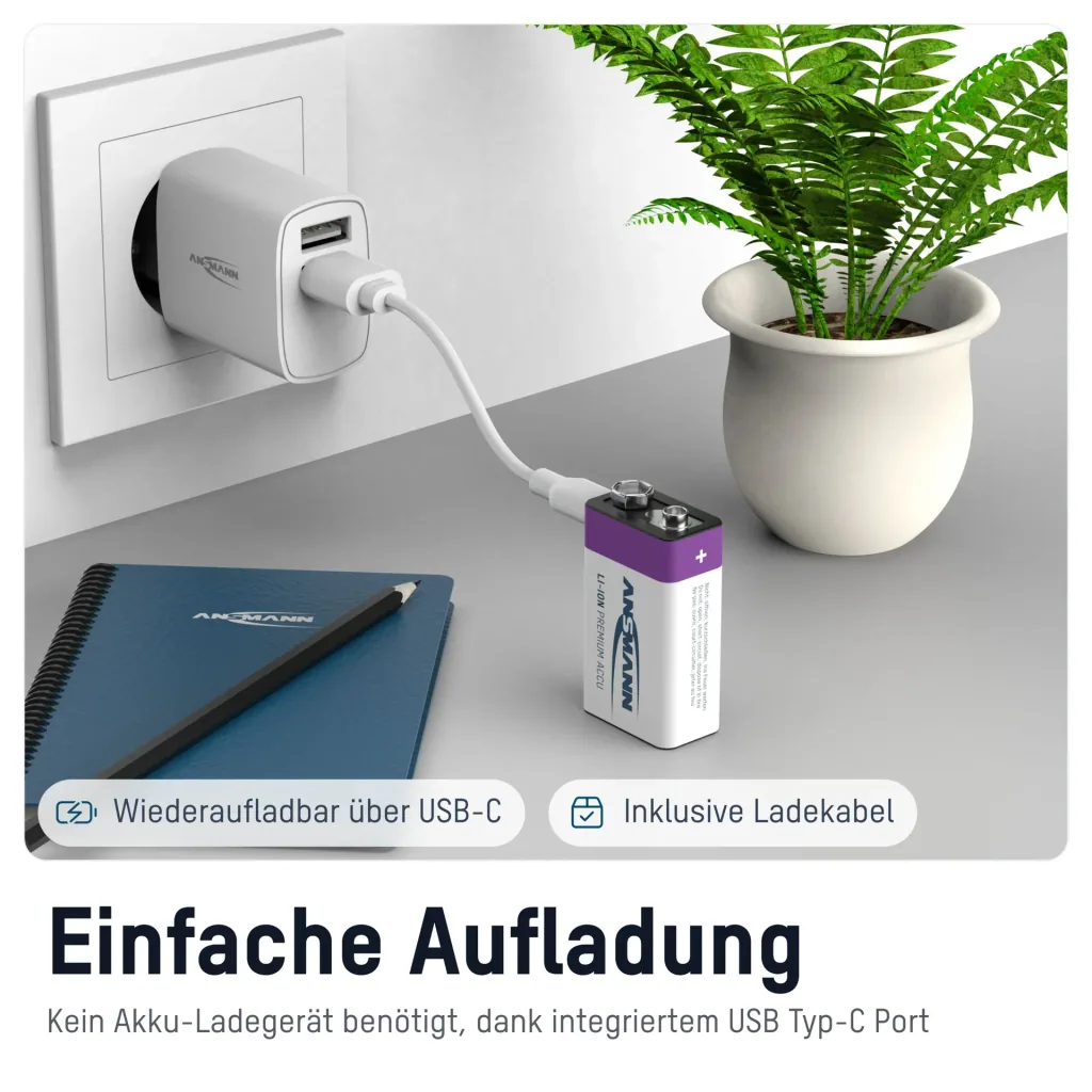 Lithium Ionen 9V E-Block Akku USB-C 1 Stück, Sicherheitsabschaltung