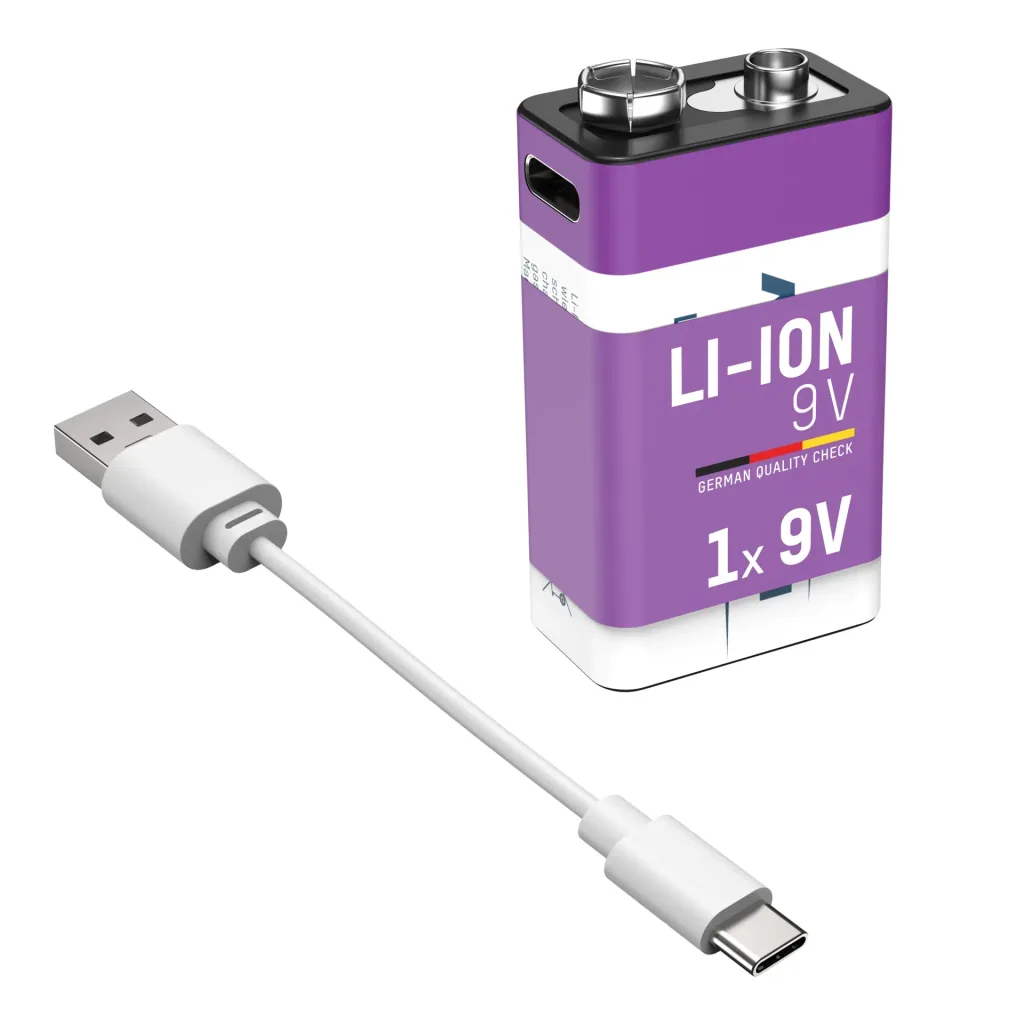 Lithium Ionen 9V E-Block Akku USB-C 1 Stück, Sicherheitsabschaltung