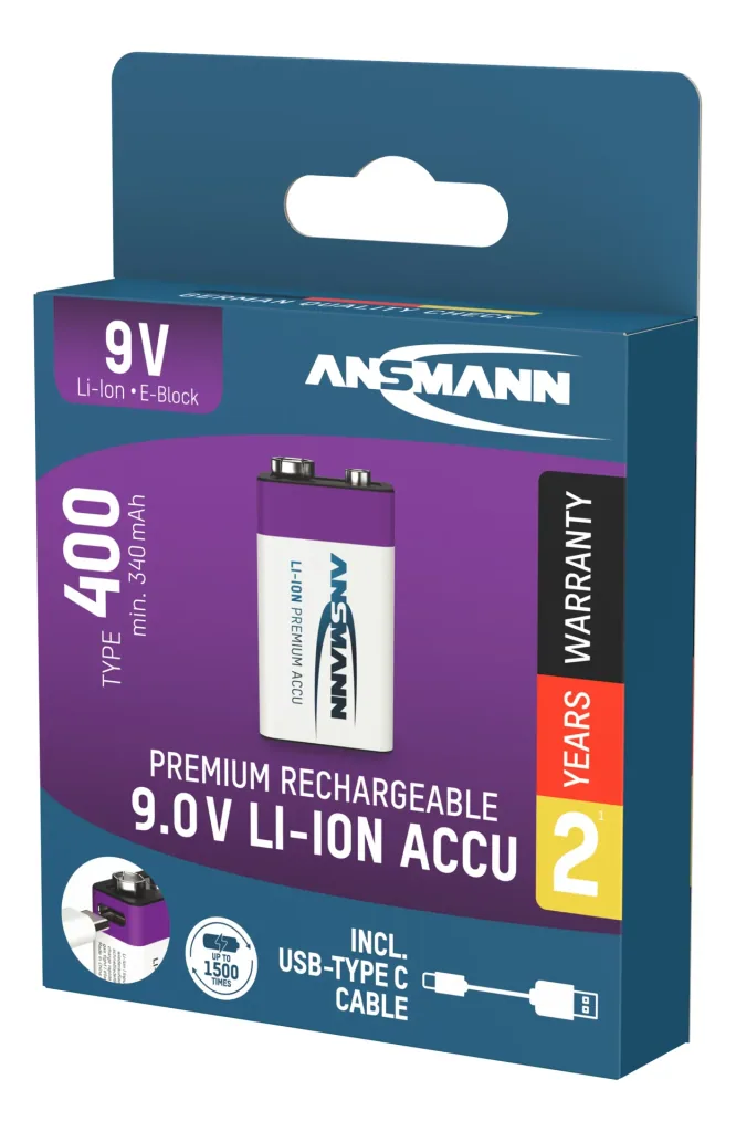 Lithium Ionen 9V E-Block Akku USB-C 1 Stück, Sicherheitsabschaltung