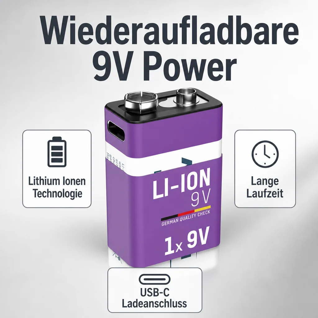 Lithium Ionen 9V E-Block Akku USB-C 1 Stück, Sicherheitsabschaltung