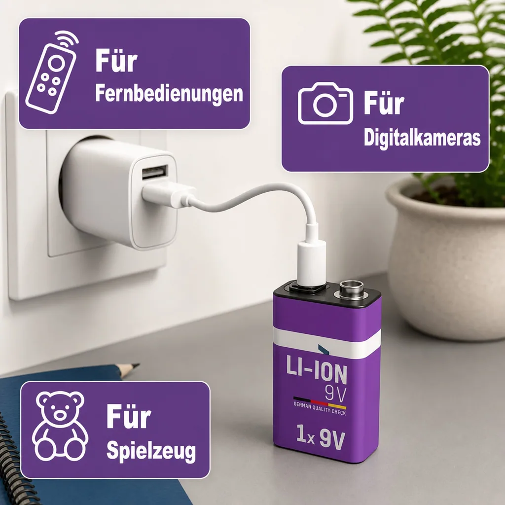 Lithium Ionen 9V E-Block Akku USB-C 1 Stück, Sicherheitsabschaltung