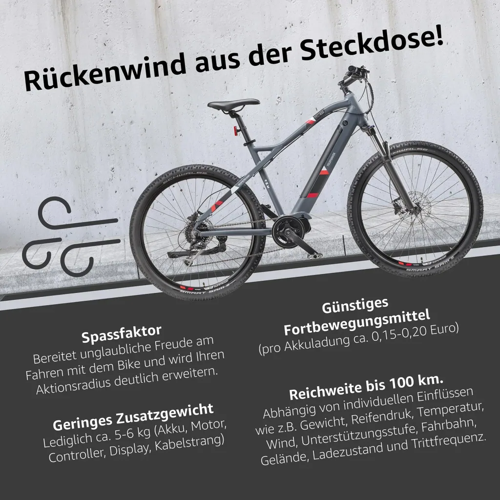 Unisex Alu MTB E-Bike 27,5 Zoll, 8-Gang Kettenschaltung, grau, Aufsteiger M925 Hardtail