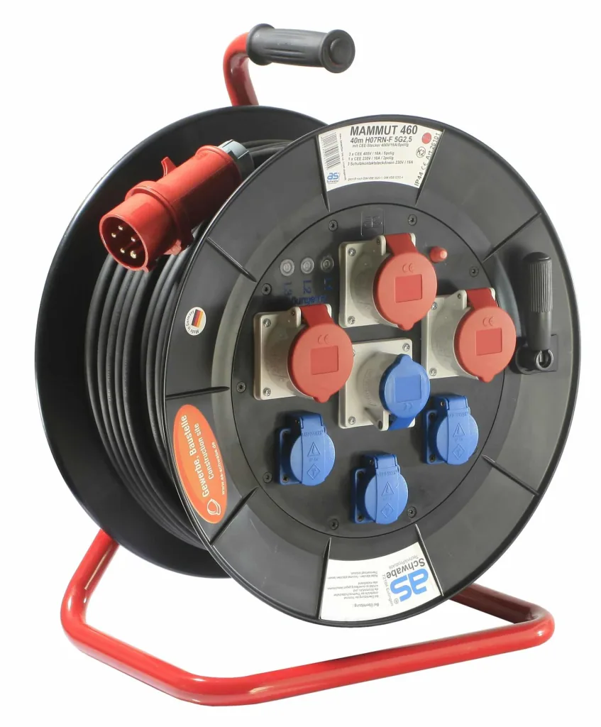Profi-Trommel Mammut 460 Version 2, 40m, 3 Steckdosen 230V, 3+1-CEE Steckdosen, mit Trage- und Fußgestell