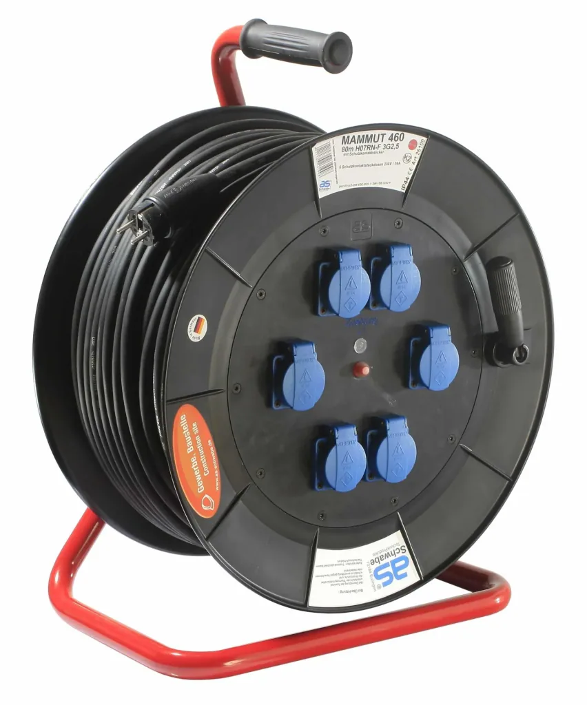 Profi-Trommel Mammut 460 Version 1, 80m, 6 Steckdosen 230V / 16A, mit Trage- und Fußgestell