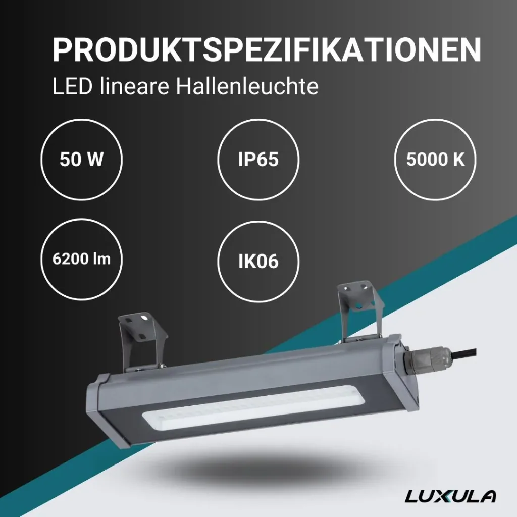 LED-HighBay in linearer Form bietet 50 W, 6200 lm, 5000 K (neutralweiß) und IP65 Schutz