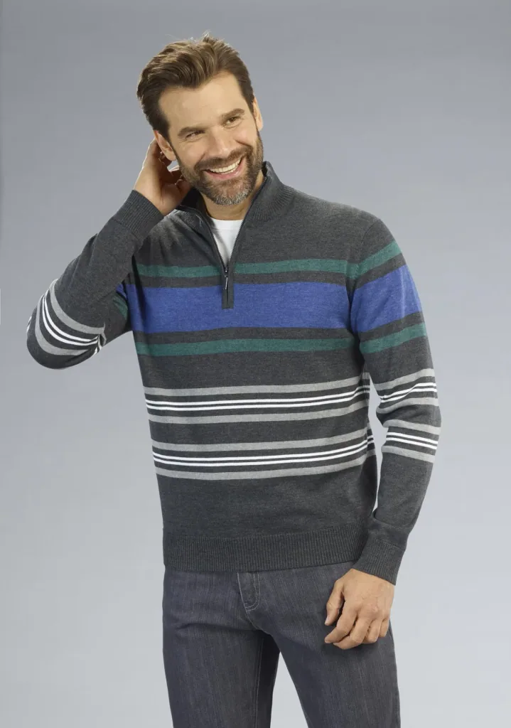 Pullover mit Reißverschluß, Farbe anthrazit/gestreift, Gr.M