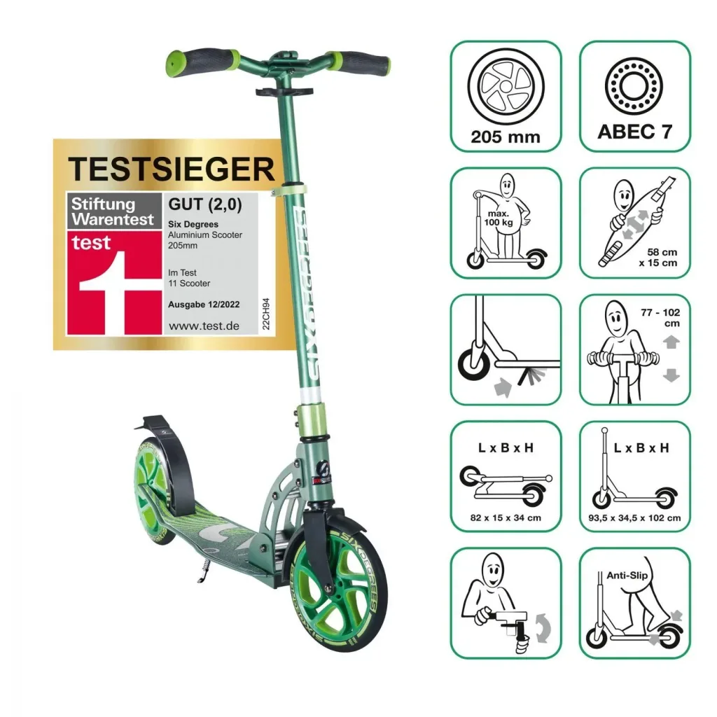 Aluminium Scooter mit Klappmechanismus und Ständer, 205 mm, ABEC 7, höhenverstellbar, grün