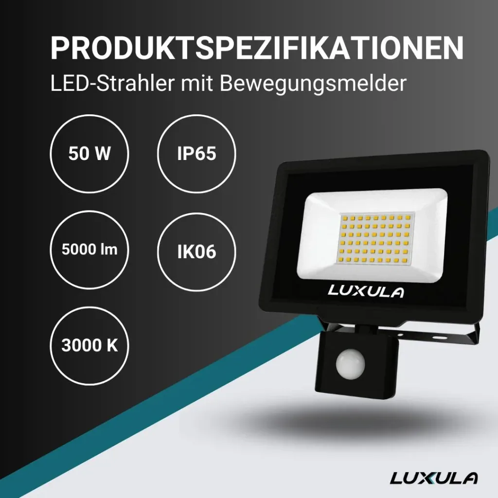 LED-Fluter in schwarz mit Bewegungsmelder bietet 50 W, 3000 K (warmweiß), 5000 lm & IP65 Schutz