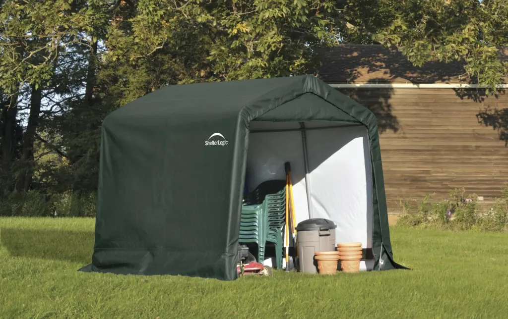 ShelterLogic Foliengerätehaus 5,76 m², grün, 240×240 cm – verstärkte Rückwand, DuPont-Stahlrahmen, wetterfest