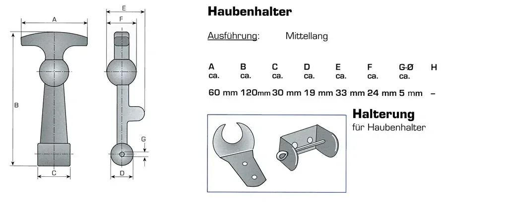 Haubenhalter, 120 mm lang, 2 Stück