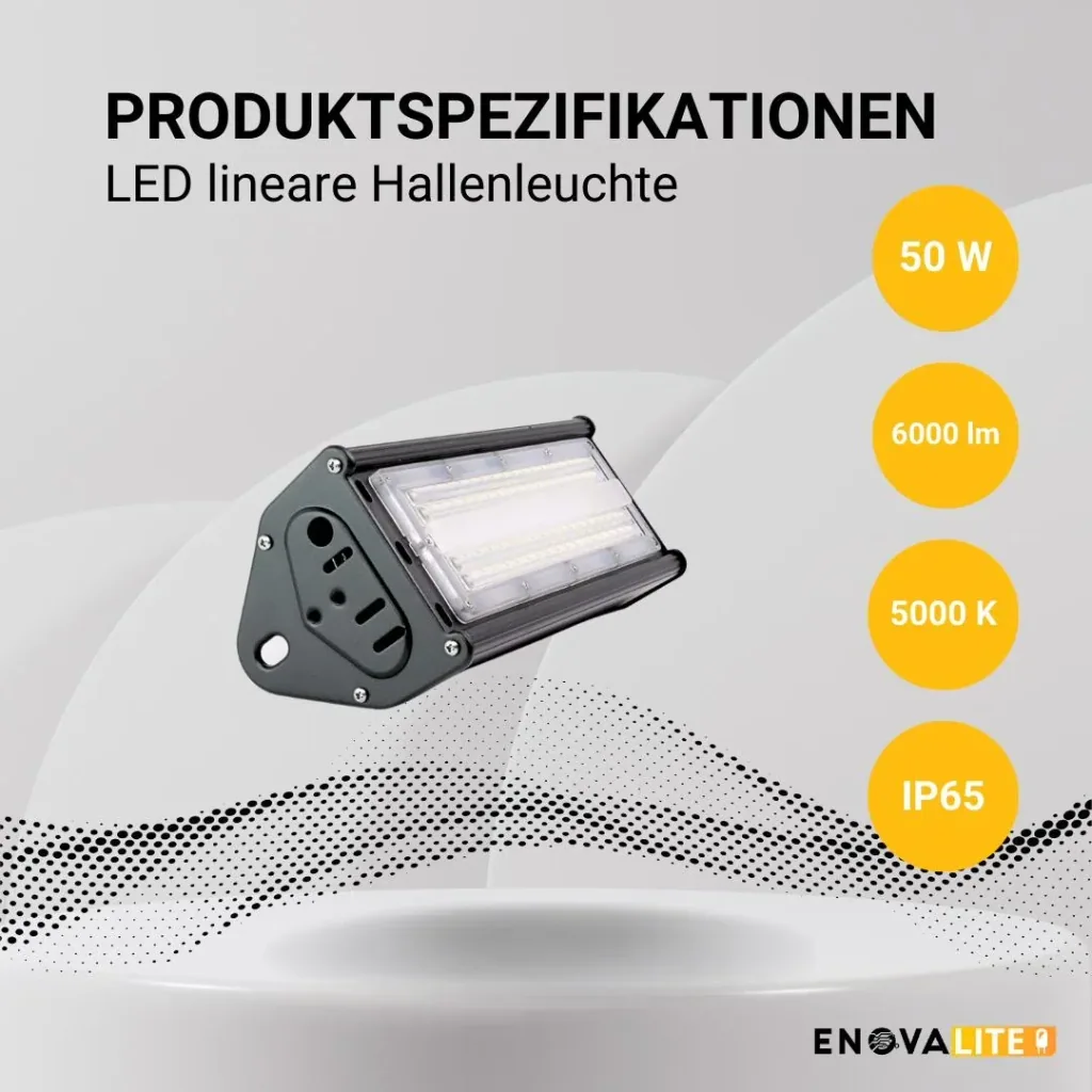 LED-HighBay in linearer Form bietet 50 W, 6000 lm, 5000 K (neutralweiß), IP65 & ENEC-Zertifizierung