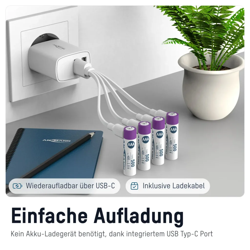Lithium Ionen Micro (AAA) Akkus USB-C - 4 Stück, Sicherheitsabschaltung