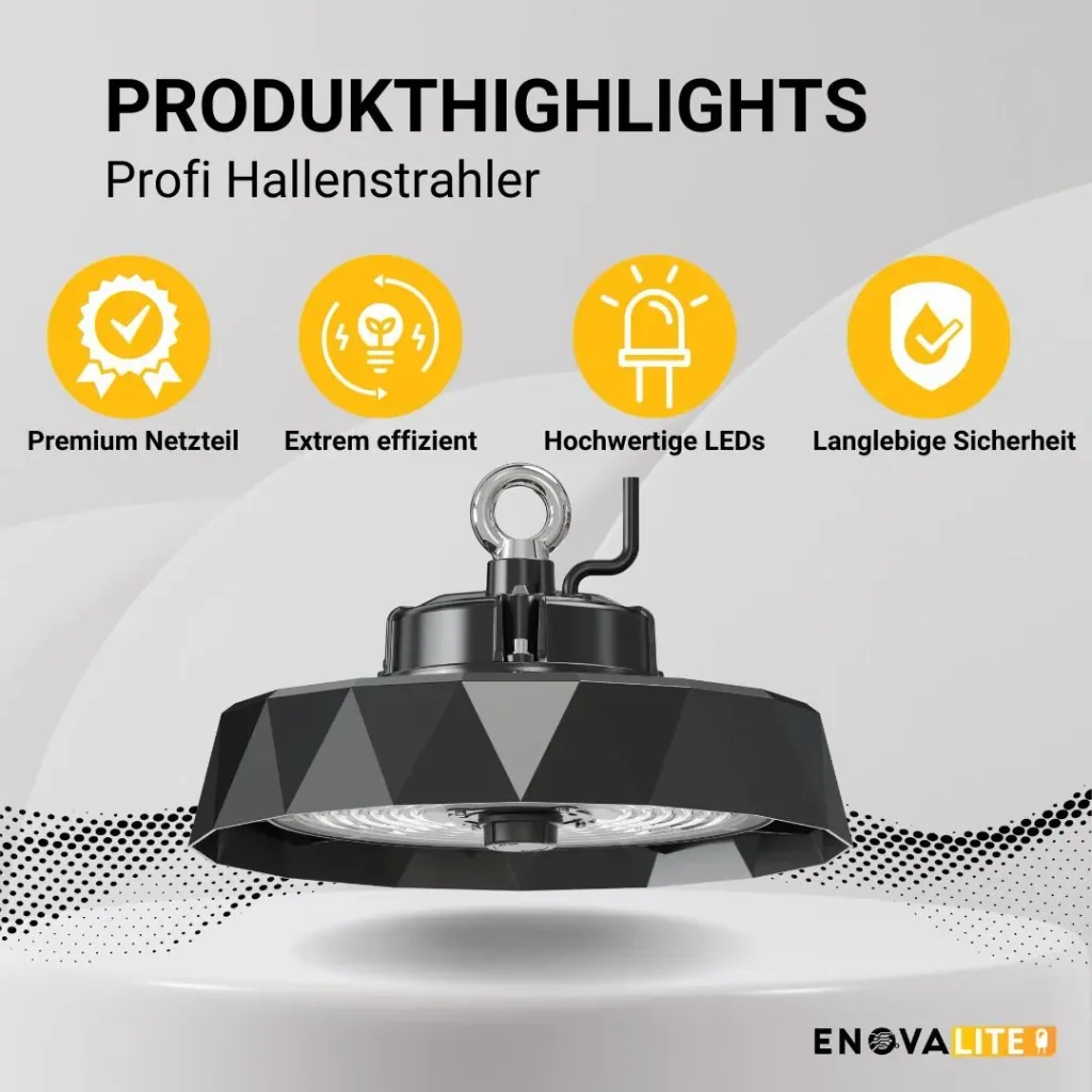 Die LED-HighBay PRO mit Diamant Design bietet 150 W, 22500 lm, 5000 K, IP65 Schutz, Philips Netzteil & Lumileds LED