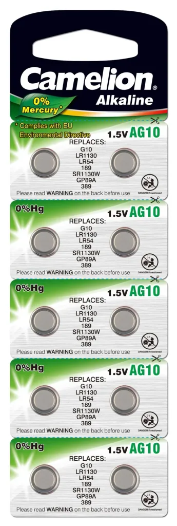 Alkaline Knopfzelle AG10/LR54, 1,5 Volt, 0%HG - 10 Stück