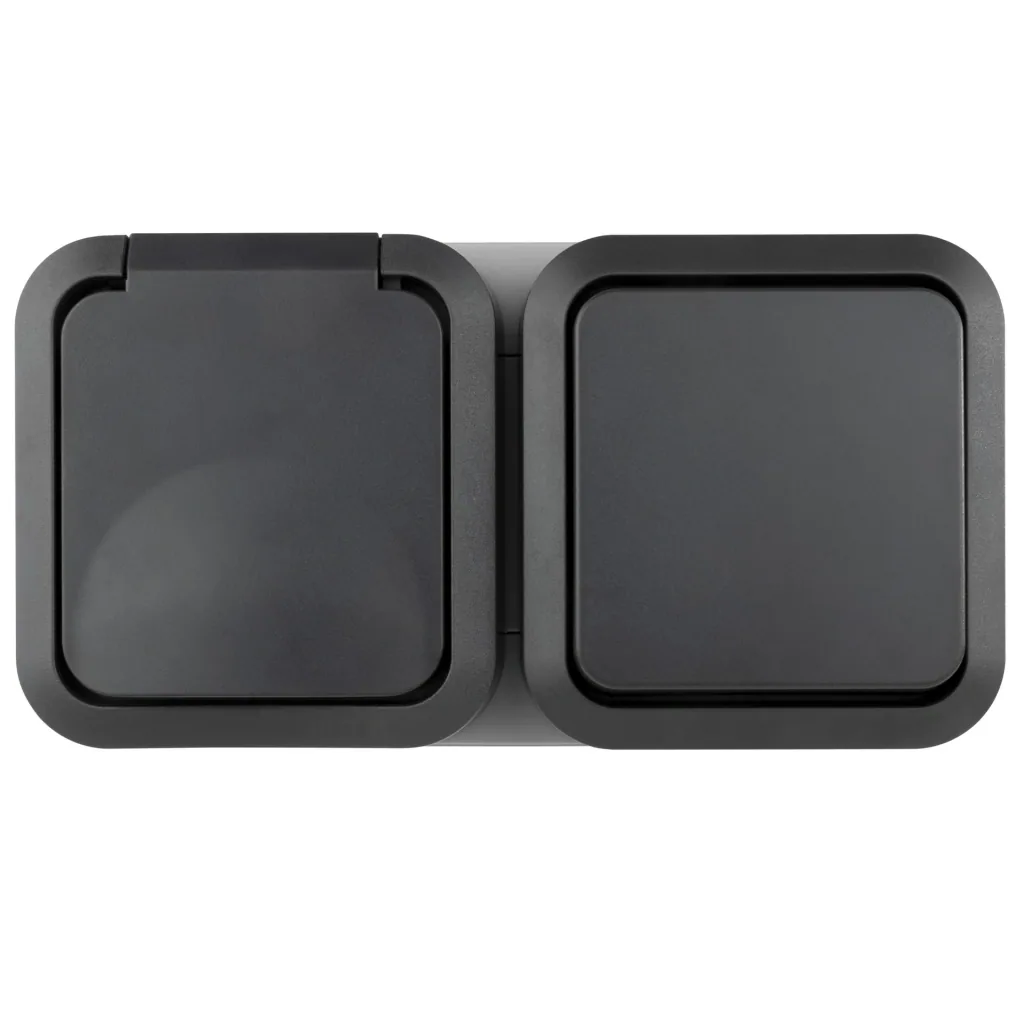 Aufputz-Feuchtraum Schalter/ Schutzkontakt-Steckdose mit Klappdeckel, waagerecht IP55