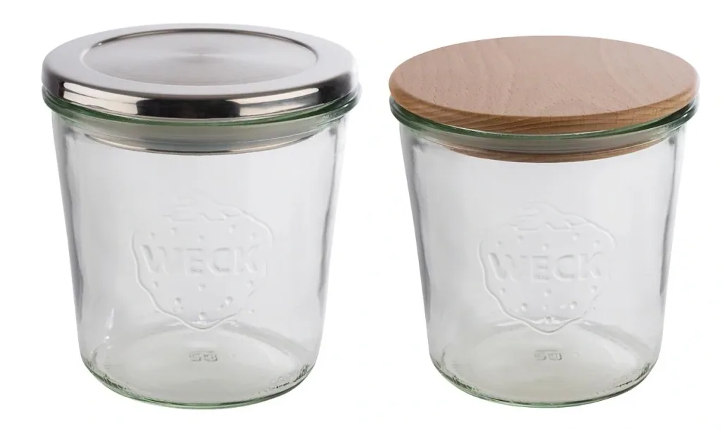 Weck-Gläser mit APS Deckel 2-er Set: 2 Gläser: Ø11 cm x 11 cm, Sturzform 580 ml + Buchenholz Deckel mit Silikondichtung